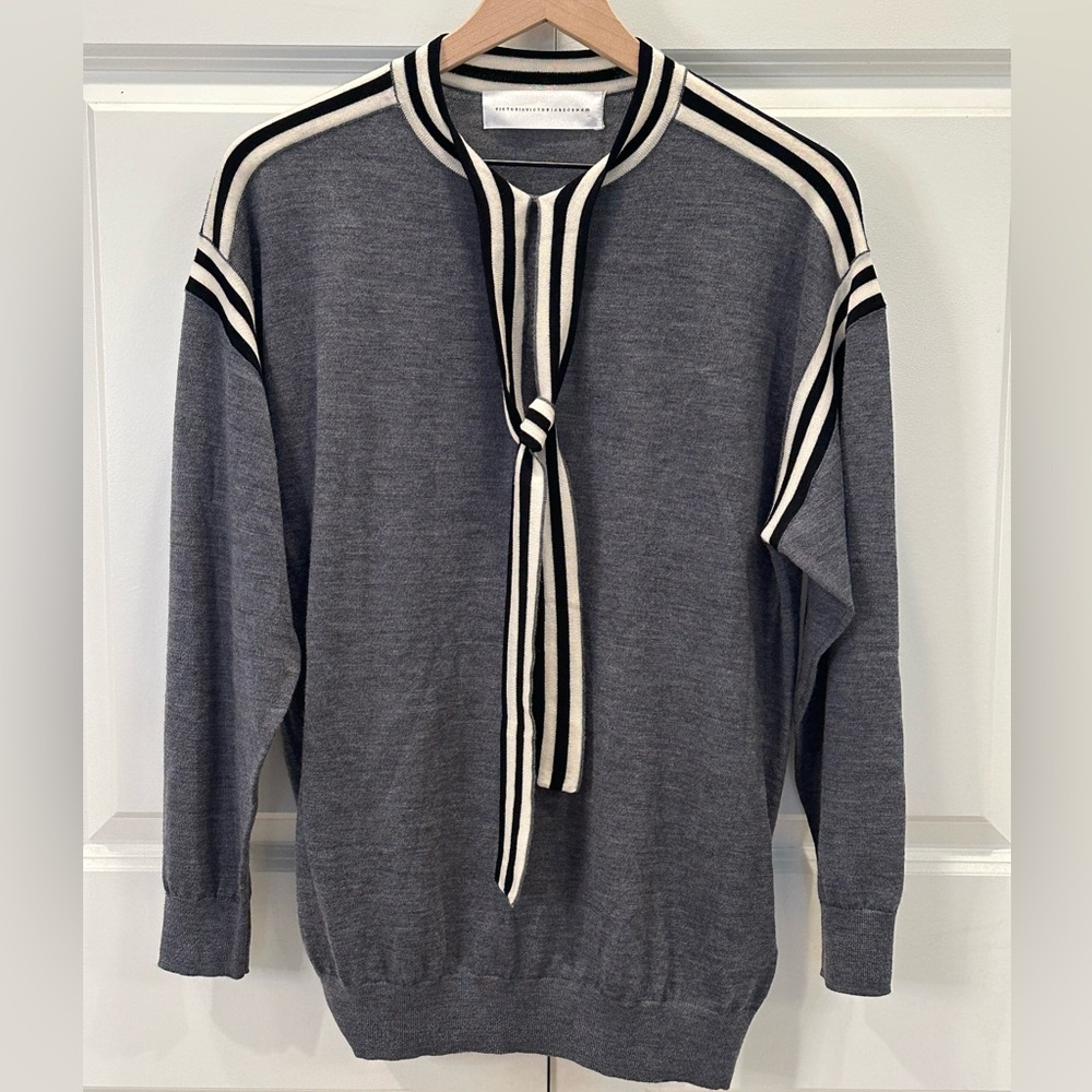 Victoria Beckham Gray Sweater with Black and Cream Stripes  (size large)